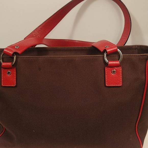 Kate Spade NY brown canvas tote red leather trim - Picture 6 of 8